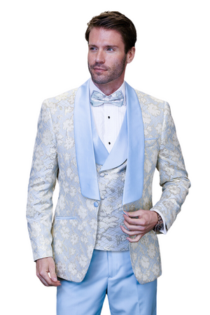 Bronte Bliss Collection: 3PC Modern Fit Tuxedo With Satin Pants And Side Seam In Sky Blue