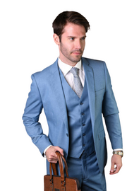 Pan Prestige Collection: 3PC Modern Fit Solid Color Suit With Super 150's Italian Wool In Steel Blue