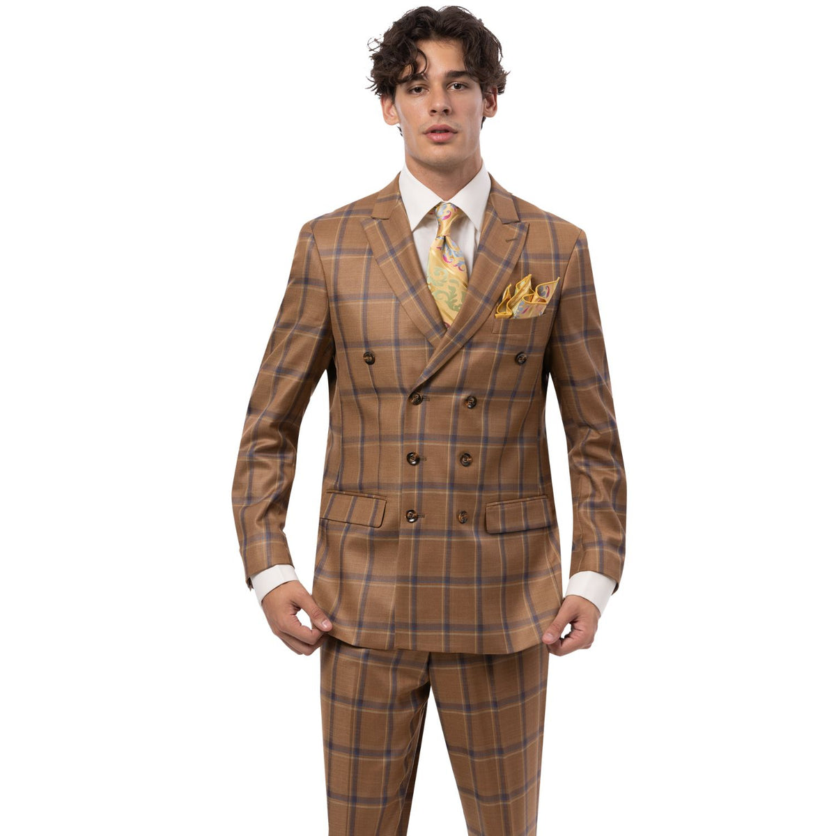 Men's Double-breasted Checkered Suit In Gold – Suits & More