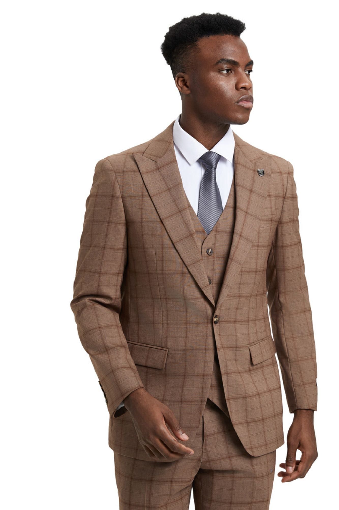 Panachify Collection: Men's Windowpane Hybrid Fit 3 Piece Suit In