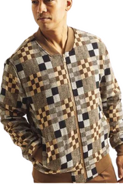 Brown Geo Square Plaid Full Cut Bomber Jacket