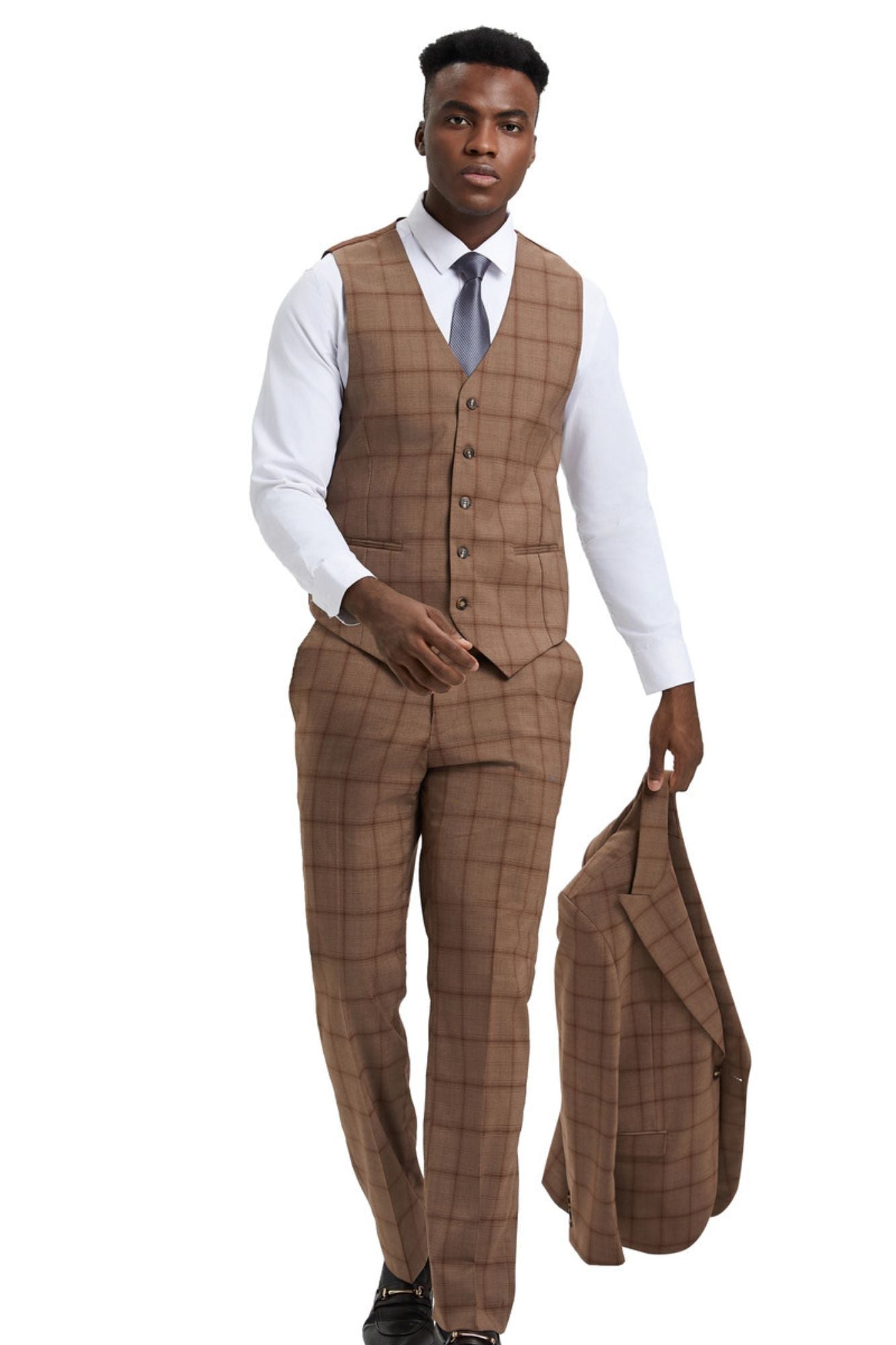 Panachify Collection: Men's Windowpane Hybrid Fit 3 Piece Suit In