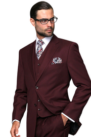Pan Prestige Collection: 3PC Modern Fit Solid Color Suit With Super 150's Italian Wool In Burgundy