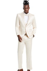Tales Collection: Men's Sharkskin 3-Pc Suit with Peak Lapel In Champagne- Slim Fit