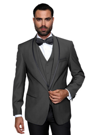 Empire Elegance Collection: Charcoal 3PC Flat Front Pants with Bow Tie 100% Wool Tailored Fit