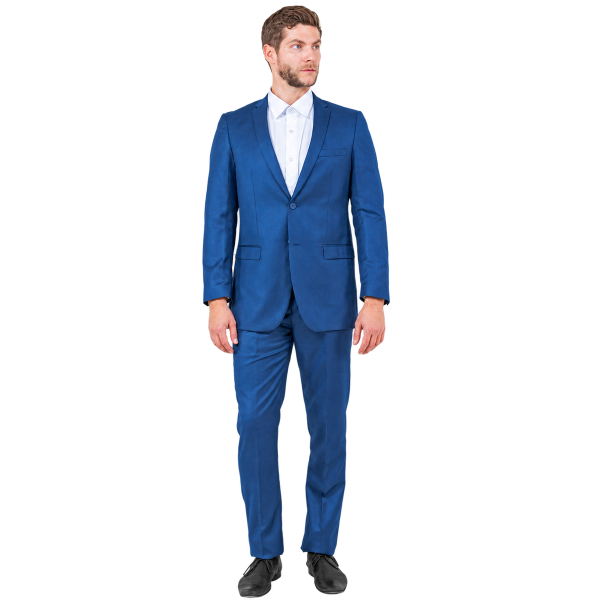 Blue slim fit suit, front view