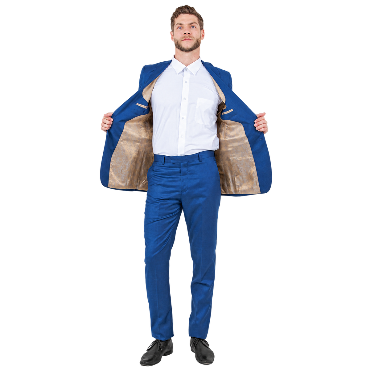 Blue slim fit suit, open jacket view