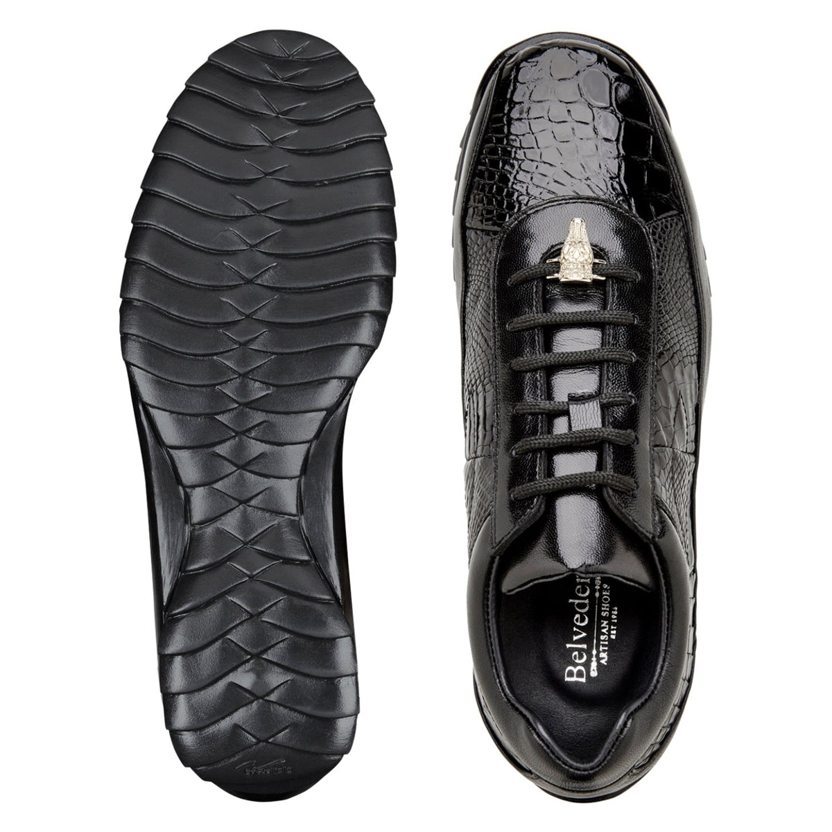 Rubber outsole of black alligator and calfskin sneaker