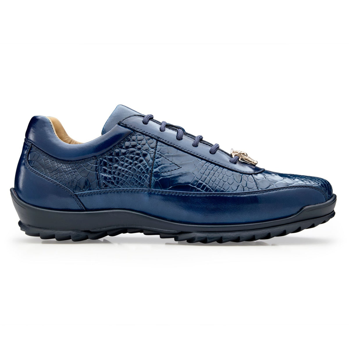 Side profile of indigo Belvedere lace-up sneaker