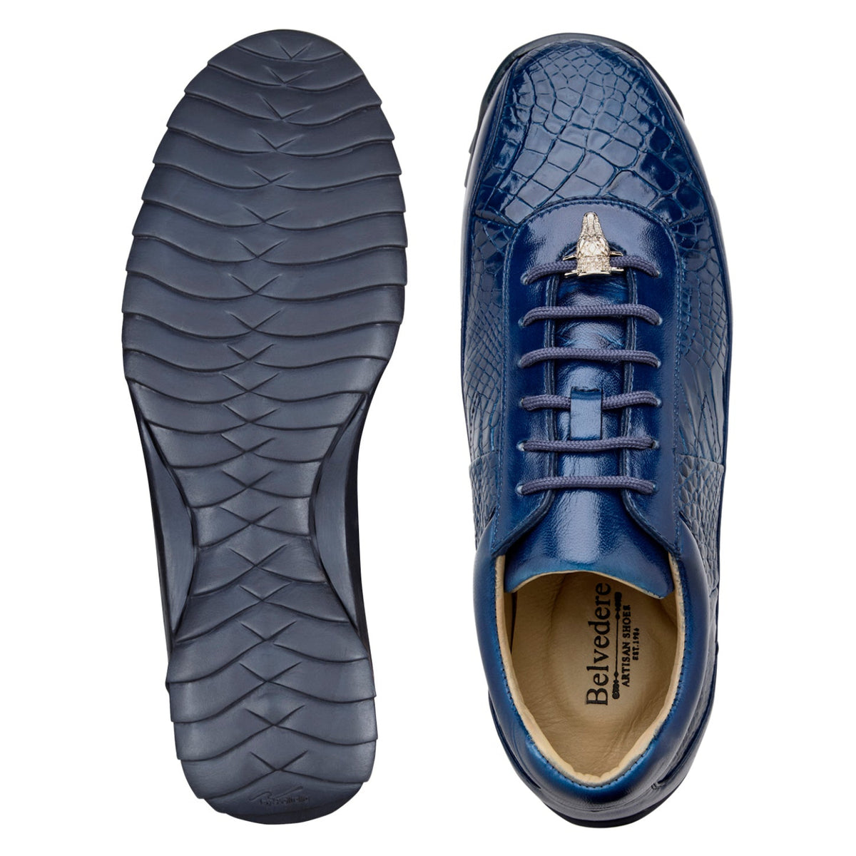 Rubber outsole of indigo alligator and calfskin sneaker
