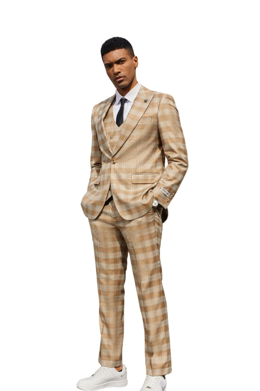 Onyxo Collection men's glen plaid 3-piece hybrid fit suit in copper - Suits & More
