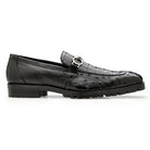 Side profile of black caiman and ostrich lug-sole loafer