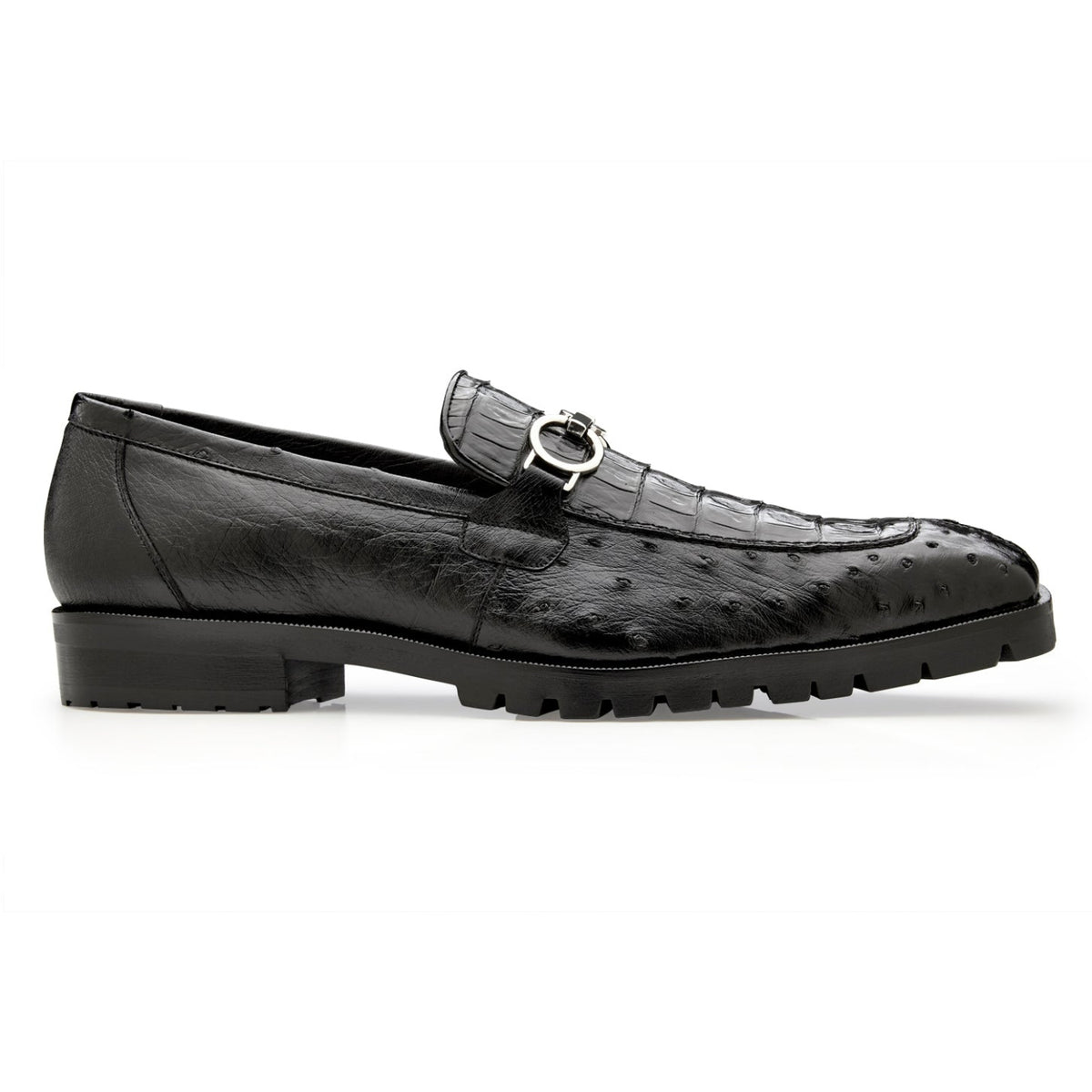 Side profile of black caiman and ostrich lug-sole loafer