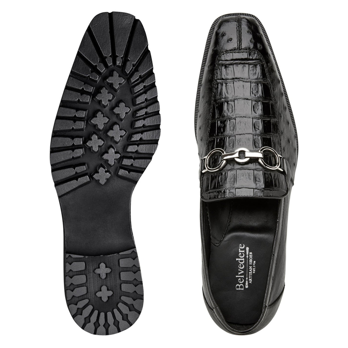 Rubber lug outsole of black Belvedere bit loafer