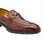 Angled view of walnut brown exotic leather bit loafer