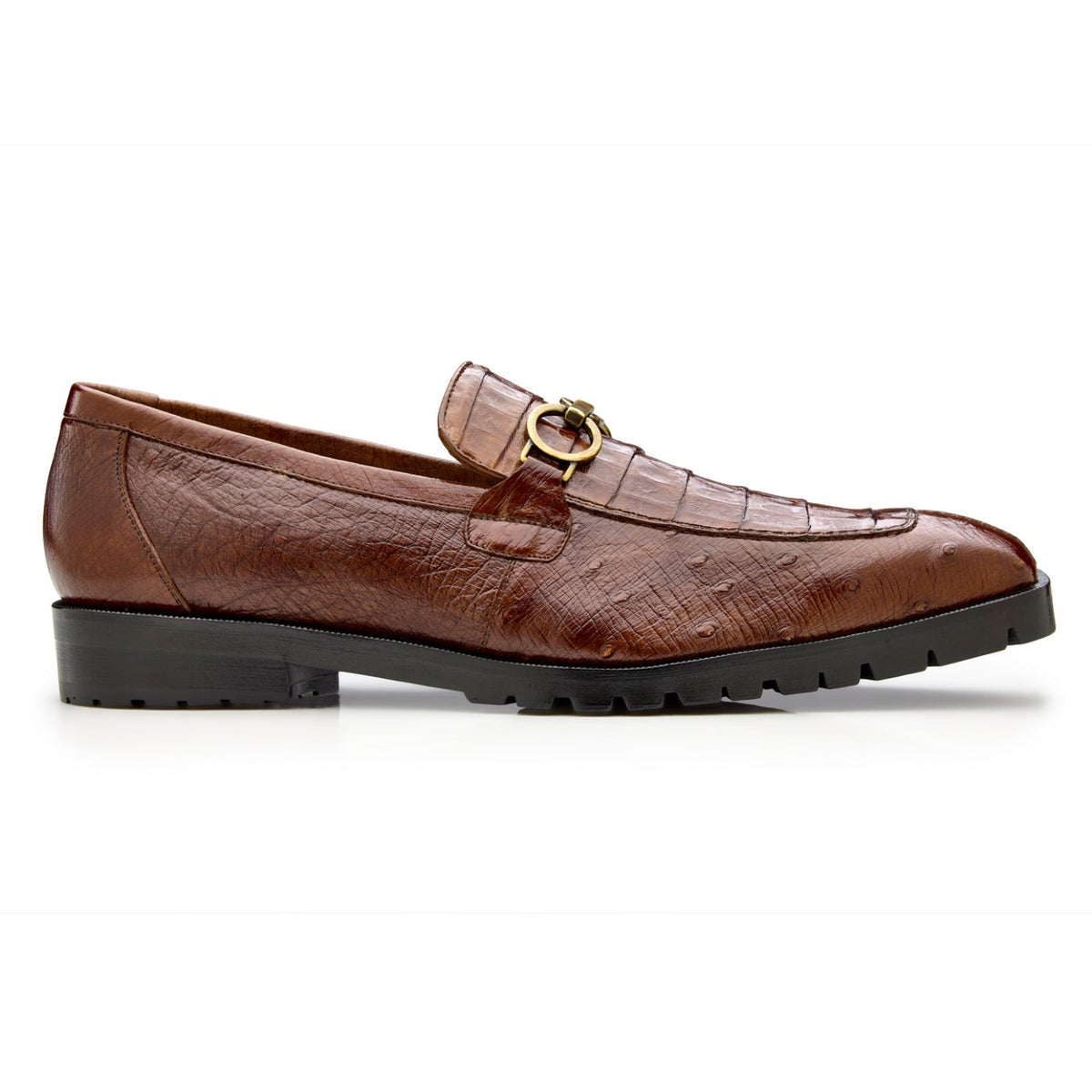 Side profile of walnut brown caiman and ostrich lug-sole loafer