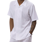 White  linen look short sleeve walking suit set side view on a male model.
