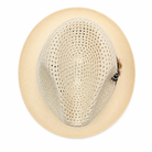Montique ivory vented straw fedora hat top view with feather detail