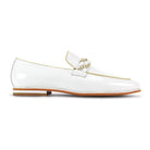 white moc toe leather slip-on shoe with woven strap side view