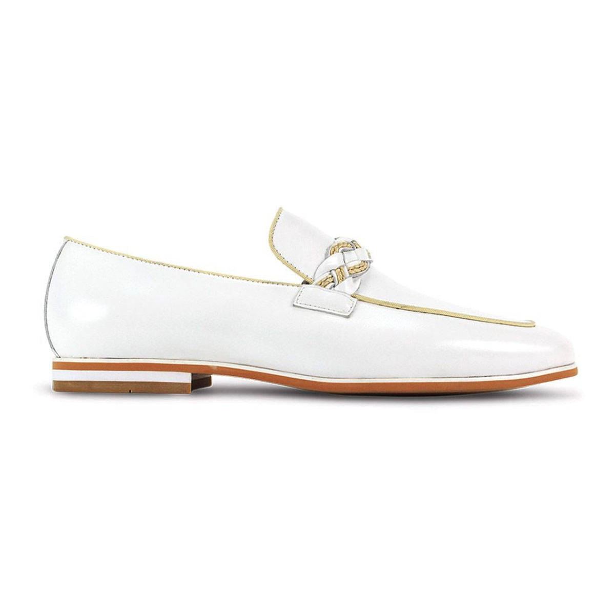 white moc toe leather slip-on shoe with woven strap side view