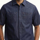 indigo denim short sleeve walking suit set front shirt fabric details
