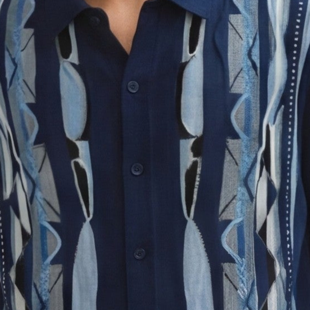 navy short sleeve walking suit shirt with geometric knit front detail