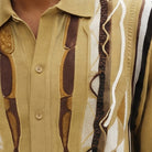 khaki short sleeve walking suit shirt with geometric knit front detail