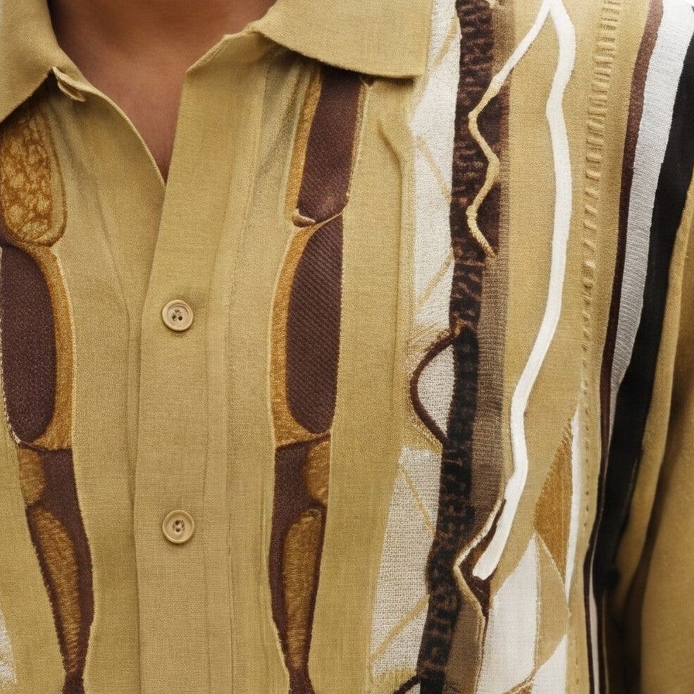 khaki short sleeve walking suit shirt with geometric knit front detail