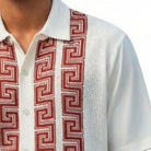 red short sleeve walking suit shirt with Greek key knit front panel detail