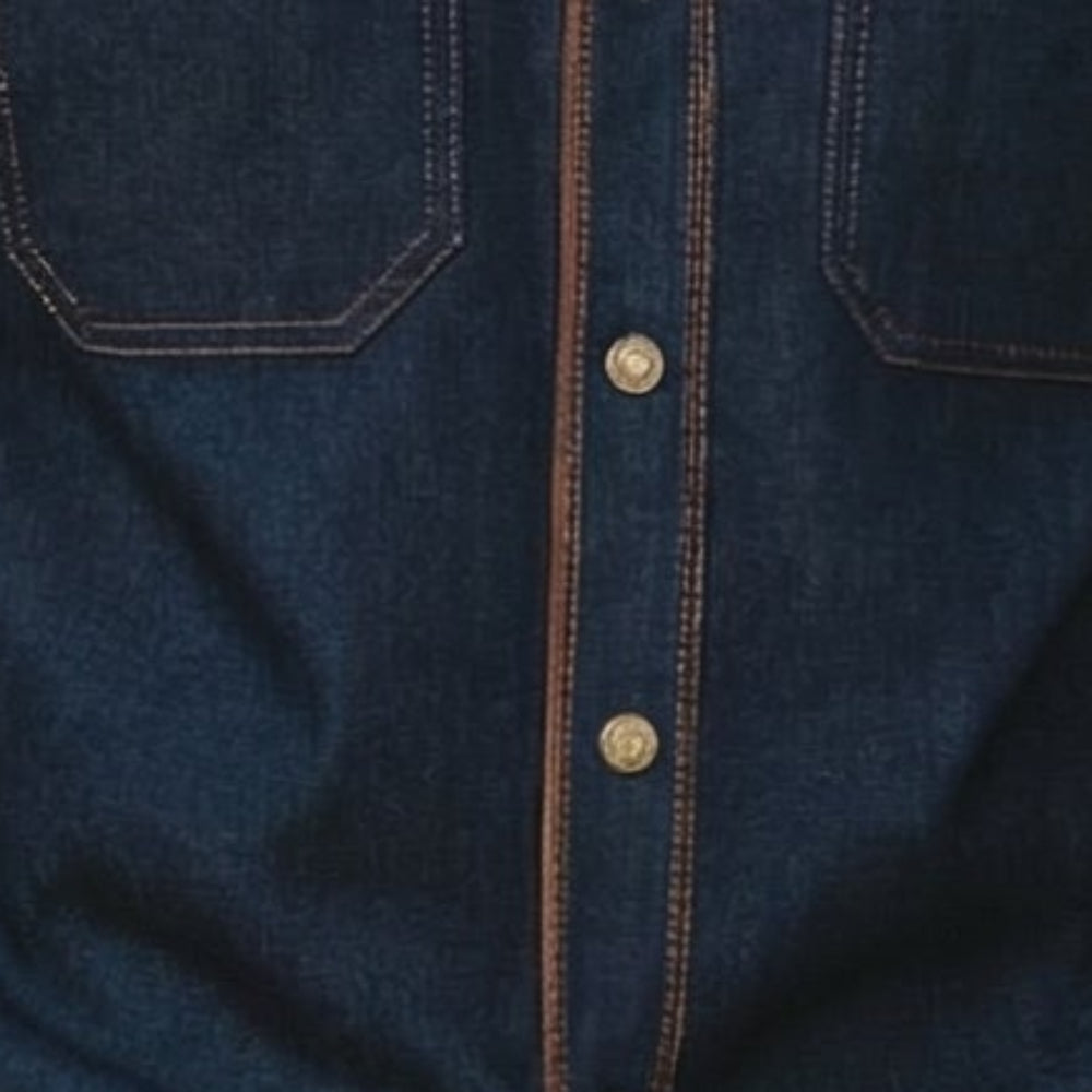 indigo short sleeve denim walking suit shirt with suede trim placket detail