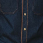 indigo short sleeve denim walking suit shirt with suede trim placket detail