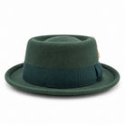Hunter green pork pie wool felt hat by Montique front view with tonal grosgrain band and rolled brim