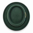 Hunter green pork pie wool felt hat by Montique top view with wide brim and feather accent