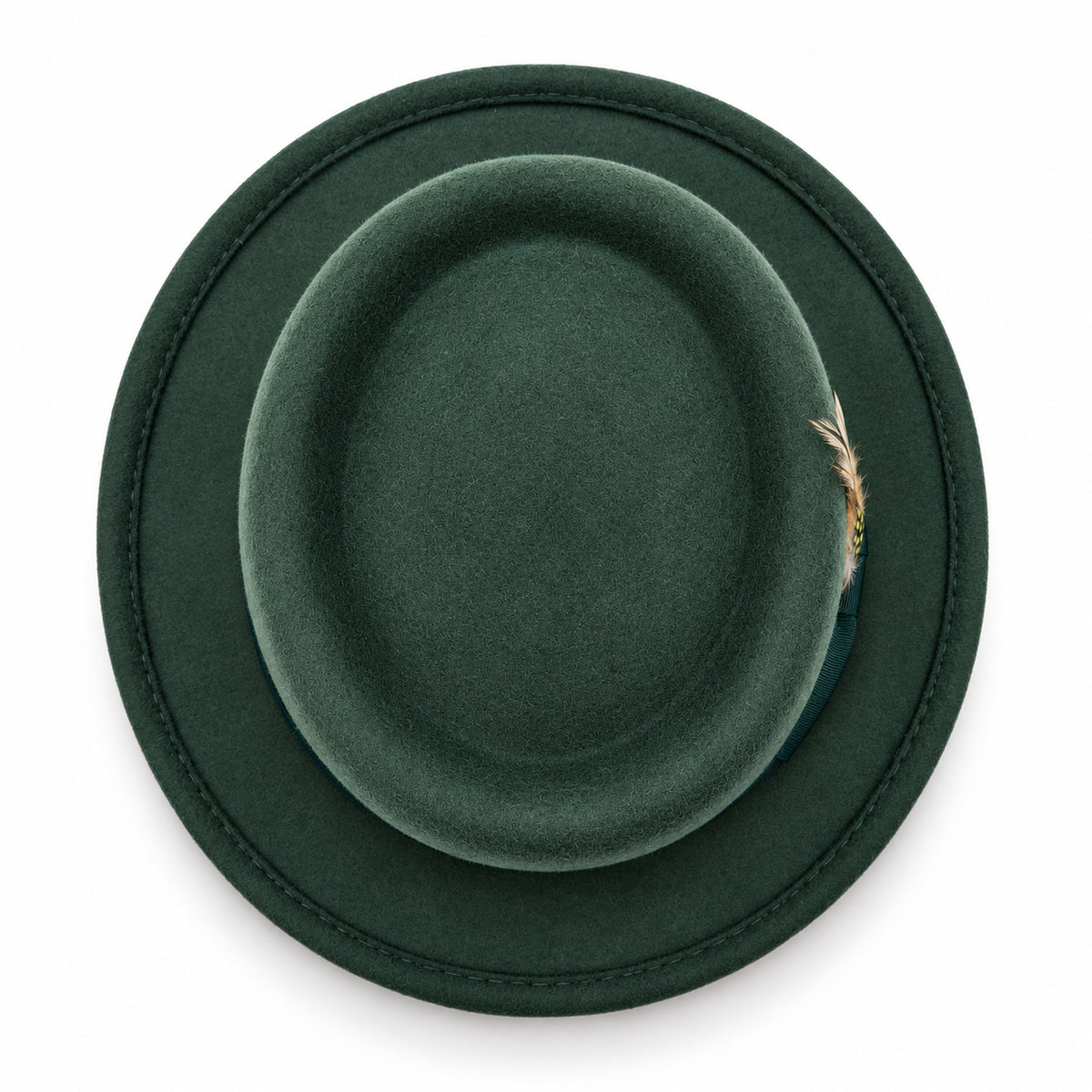 Hunter green pork pie wool felt hat by Montique top view with wide brim and feather accent