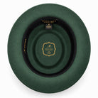 Hunter green pork pie wool felt hat by Montique interior view with branded lining and black sweatband