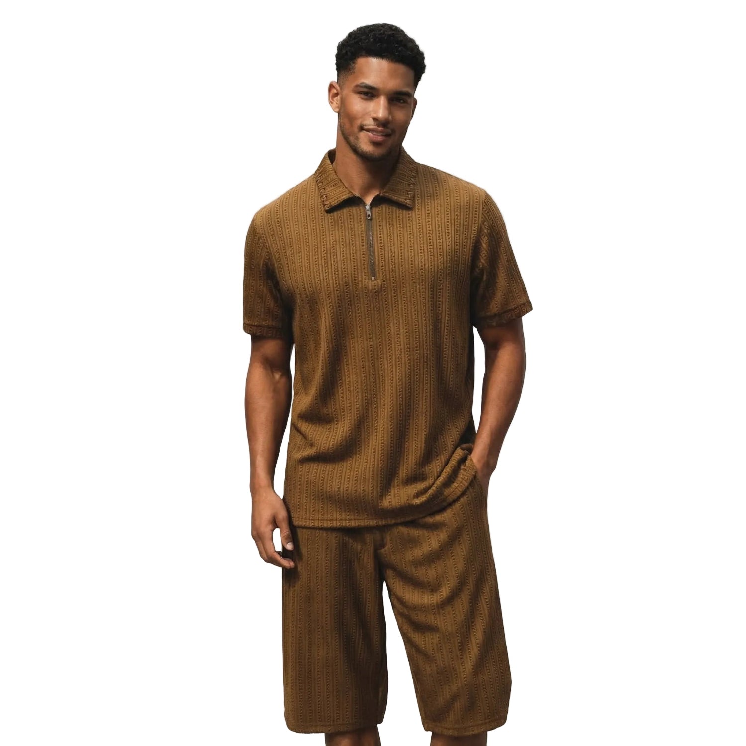 tan studded knit polo and shorts set by stacy adams
