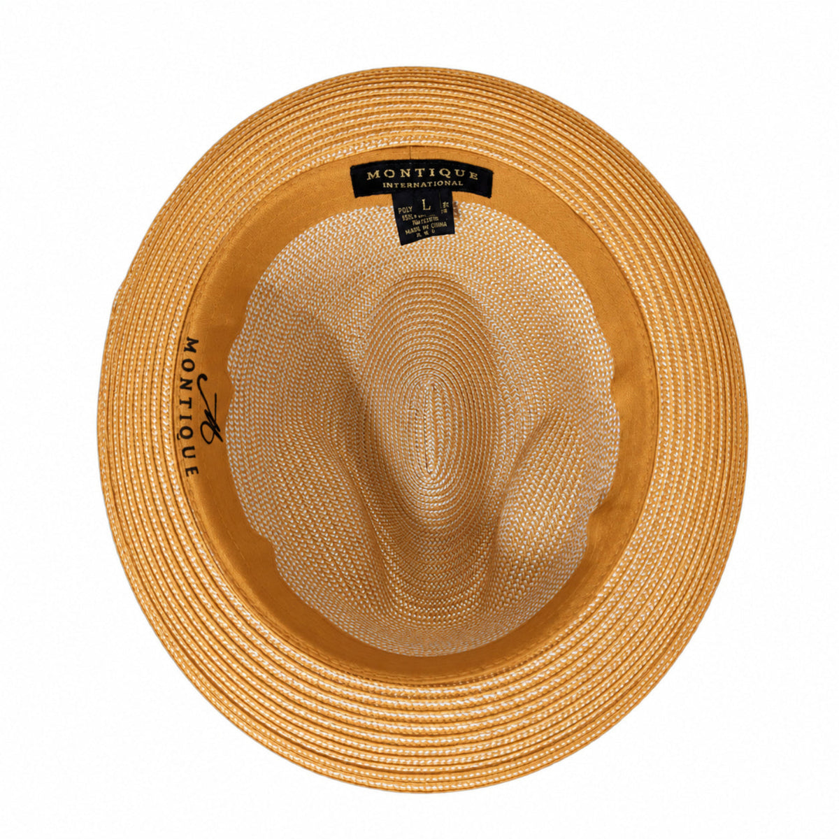 OG gold two-tone stingy brim fedora hat by Montique interior view