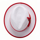 white and red straw fedora hat top view with red brim trim and feather detail