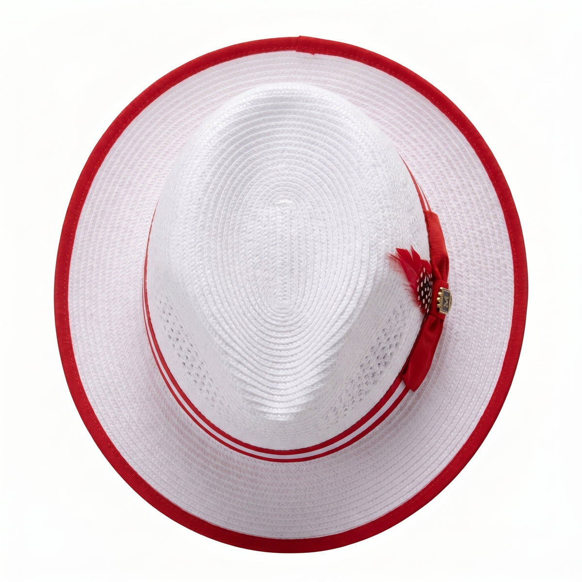 white and red straw fedora hat top view with red brim trim and feather detail
