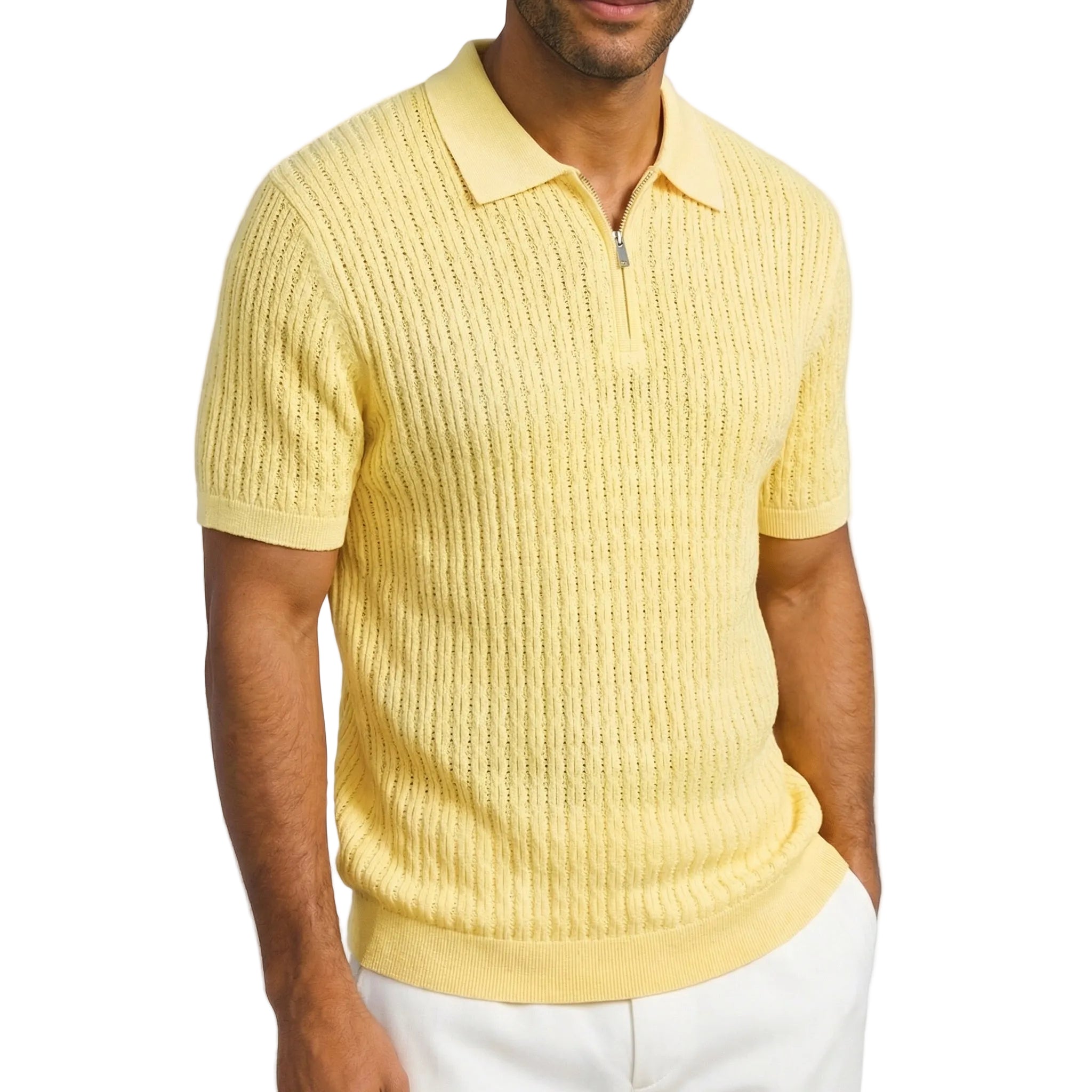 Yellow Textured Knit Zip Polo Shirt by Stacy Adams – Suits & More