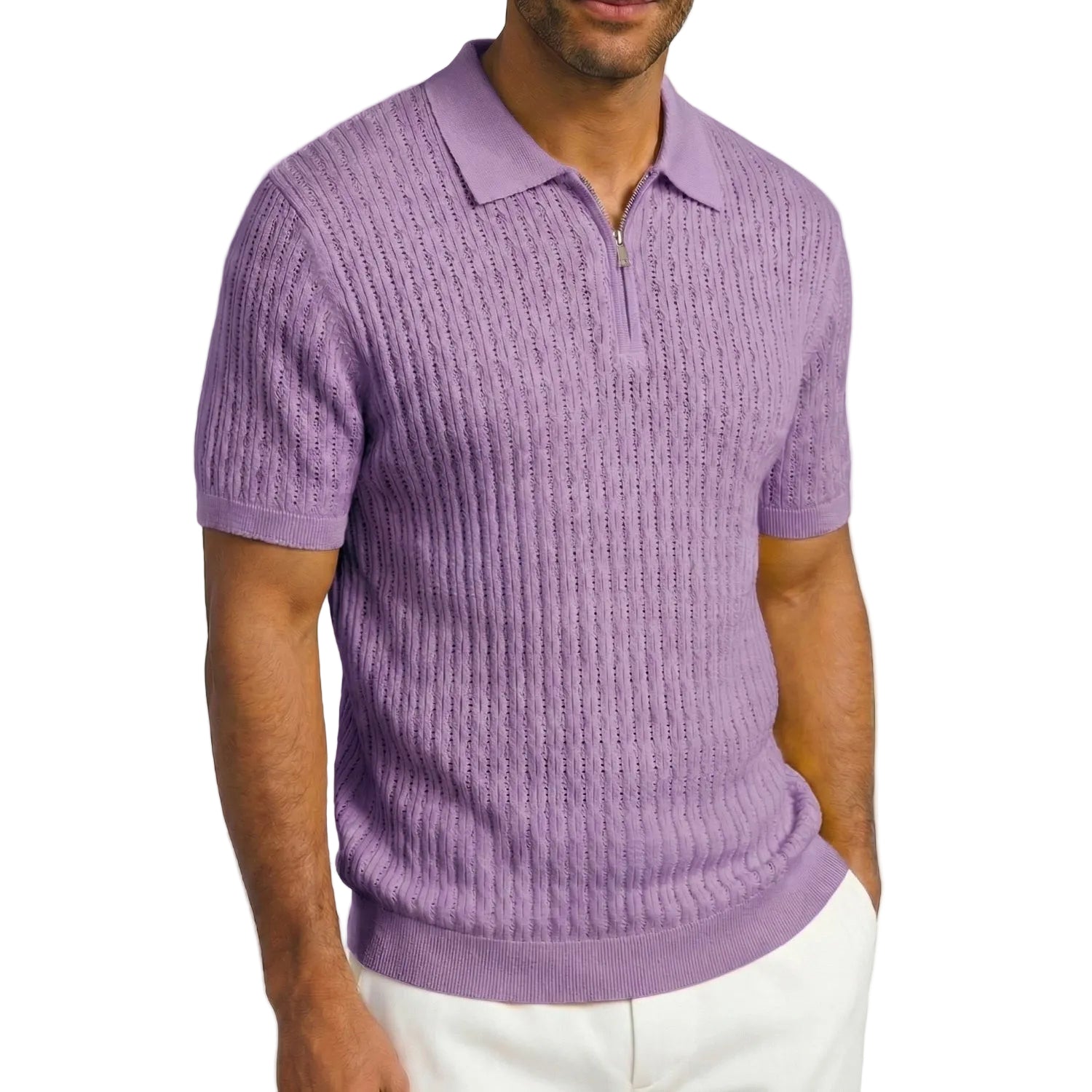 Lavender Textured Knit Zip Polo Shirt by Stacy Adams – Suits & More