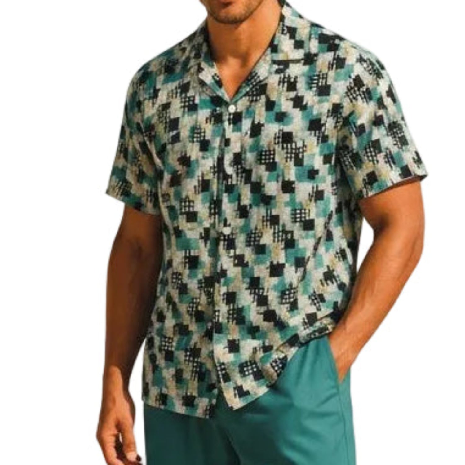 teal abstract print short sleeve shirt angled view