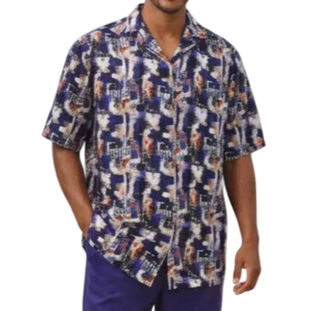 teal abstract print short sleeve shirt angled view