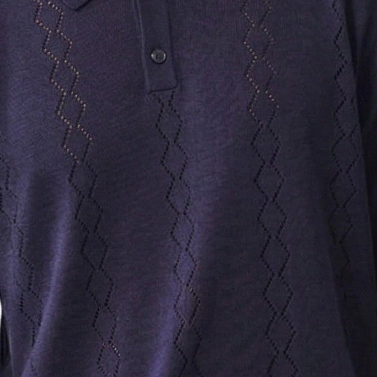 navy short sleeve woven knit polo with vertical textured pattern fabric details