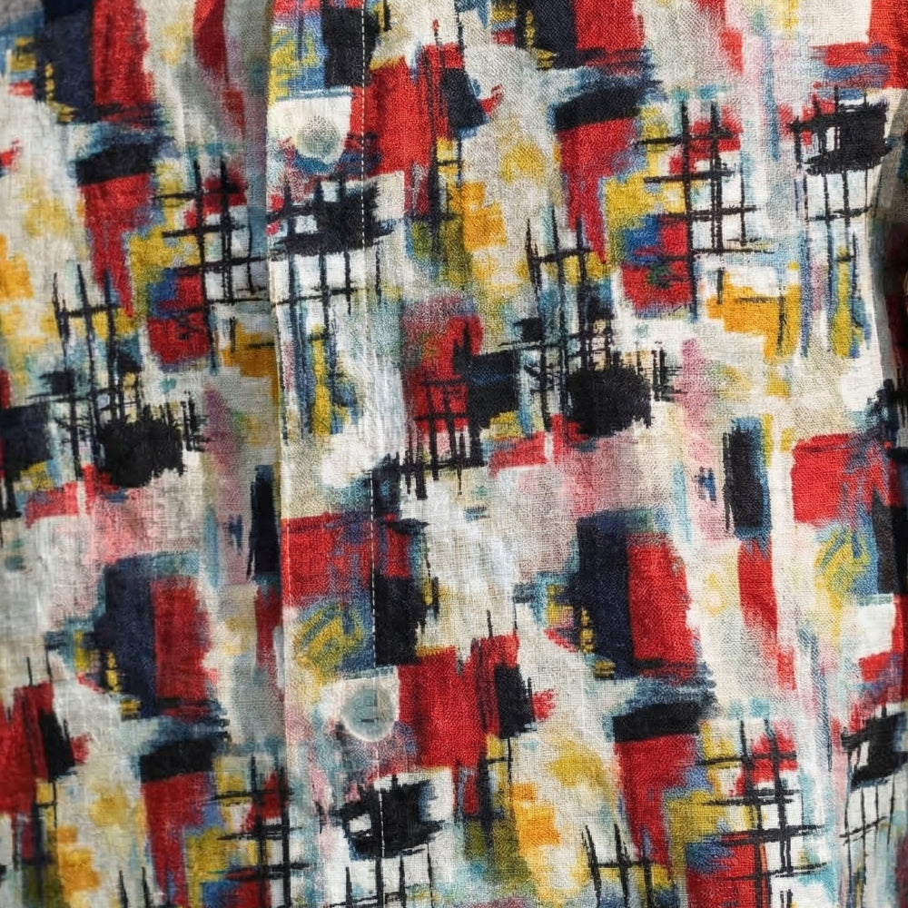 red linen print short sleeve shirt fabric details