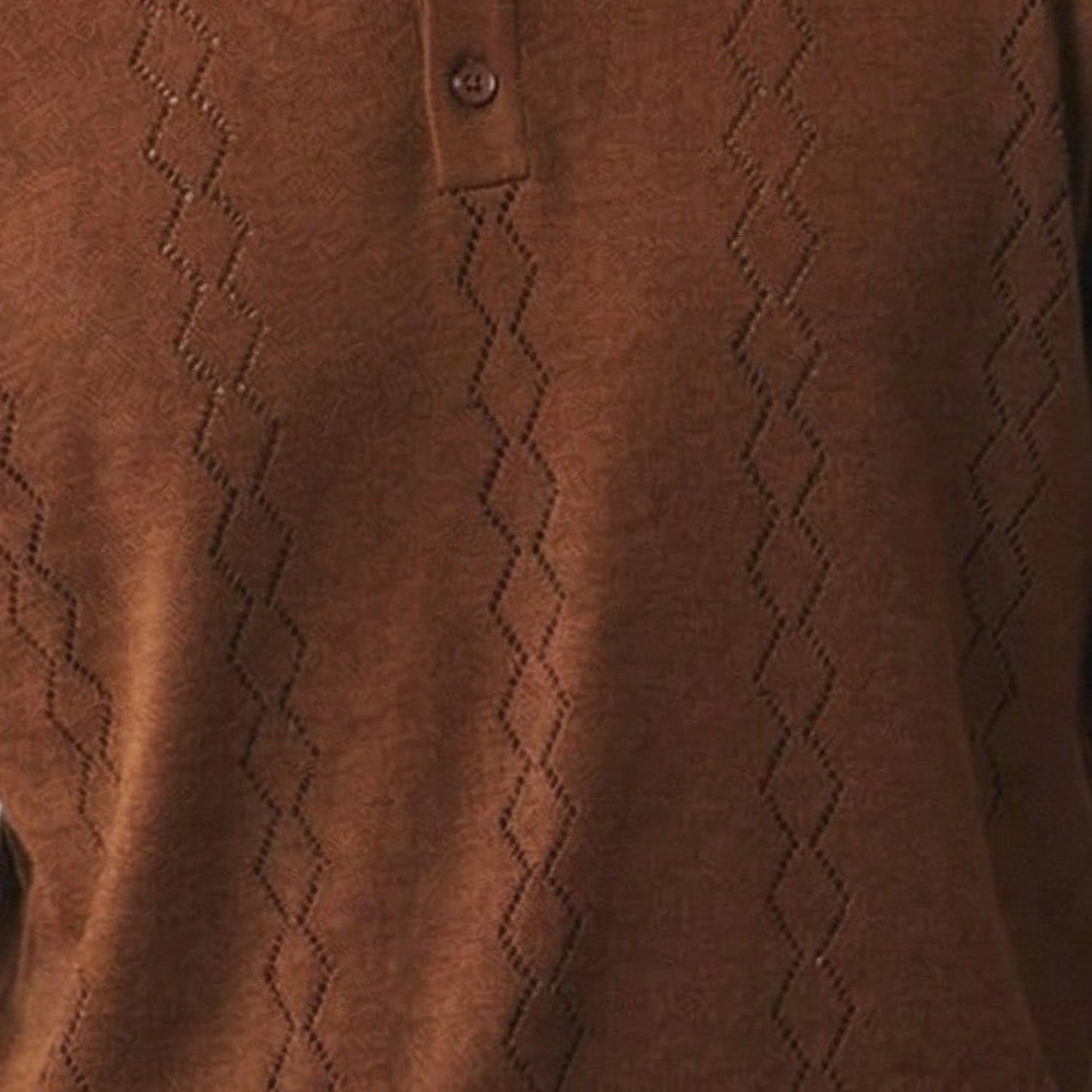 chestnut brown short sleeve woven knit polo with vertical textured pattern fabric details