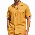 Ray short sleeve linen walking suit shirt showing the pocket and collar detail.