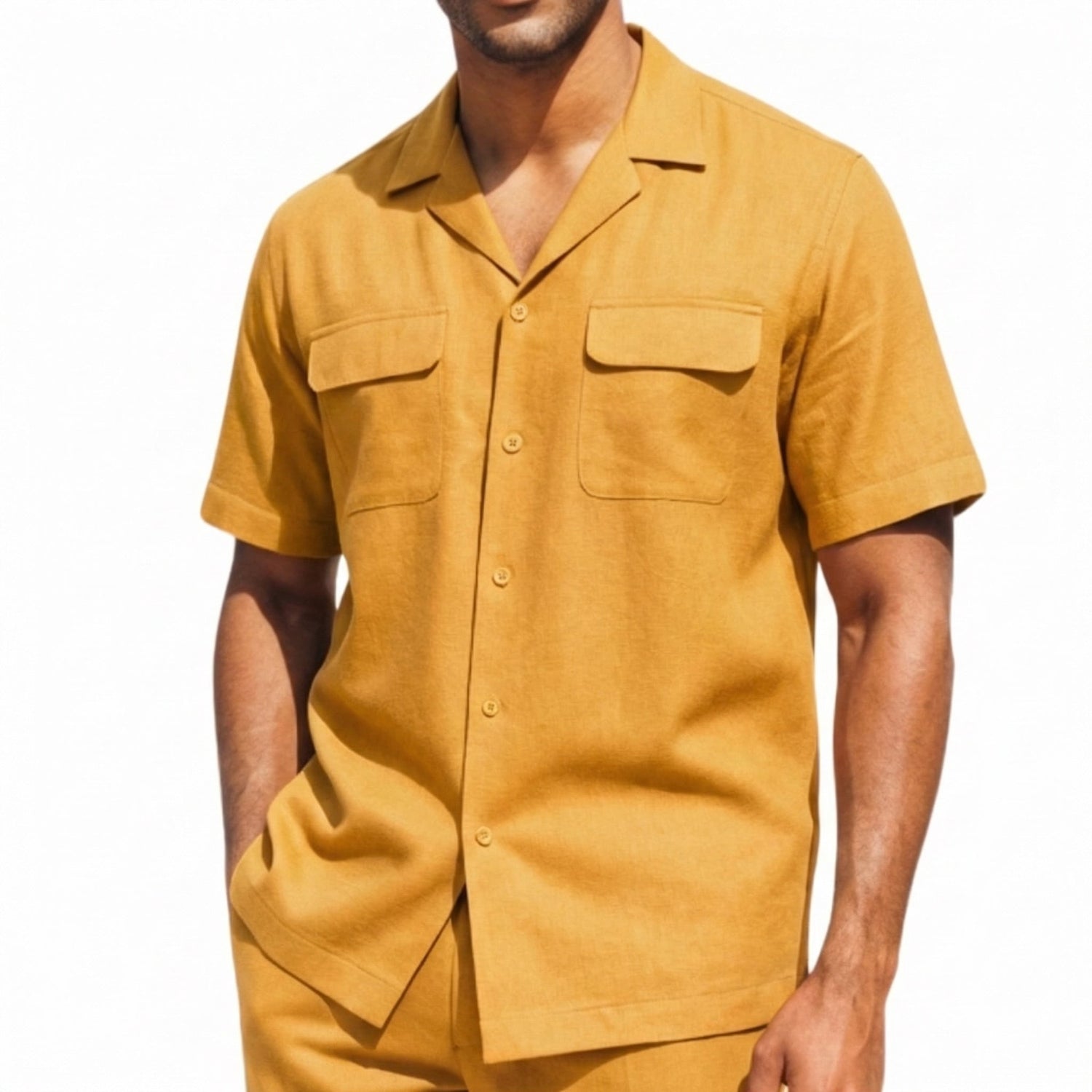 Ray short sleeve linen walking suit shirt showing the pocket and collar detail.