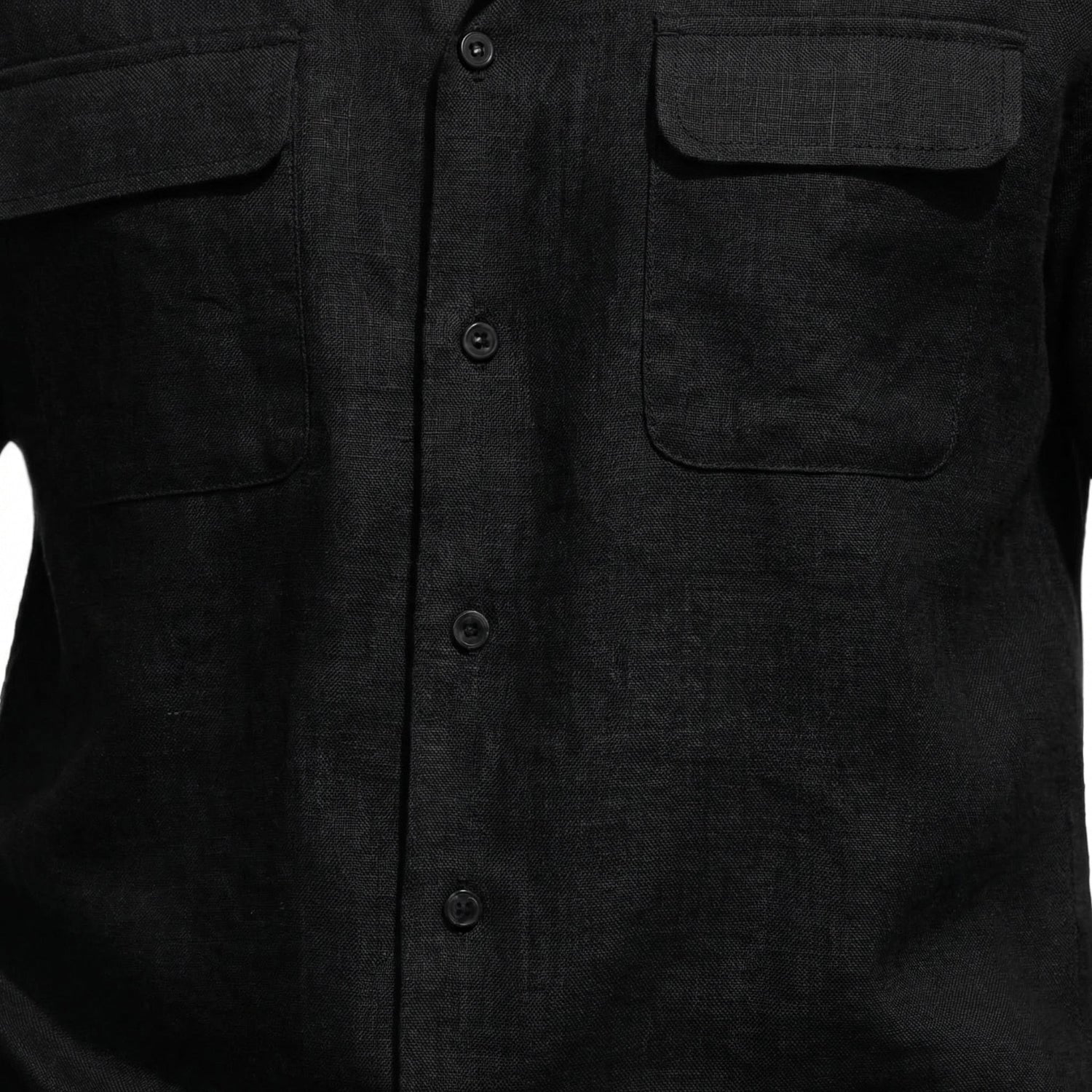 Black short sleeve linen walking suit shirt the fabric details