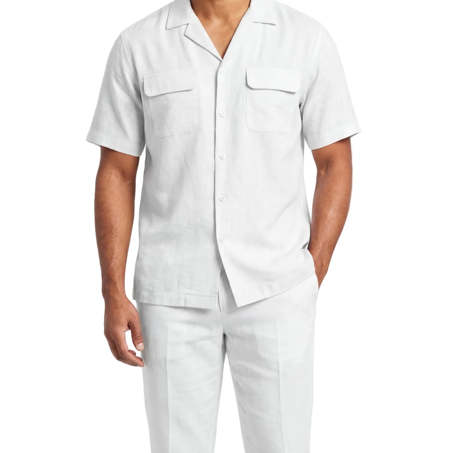 White short sleeve linen walking suit shirt showing the pocket and collar detail.